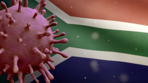 3d illustratie griep coronavirus zwevend over de afrikaanse rsa-vlag. zuid-afrika banner zwaaien met pandemie van covid19 virusinfectie concept. vlag van echte stoftextuur