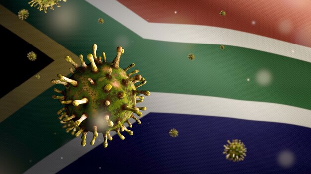 3D illustratie Griep coronavirus zwevend over de Afrikaanse RSA-vlag. Zuid-Afrika banner zwaaien met pandemie van Covid19 virusinfectie concept. Vlag van echte stoftextuur