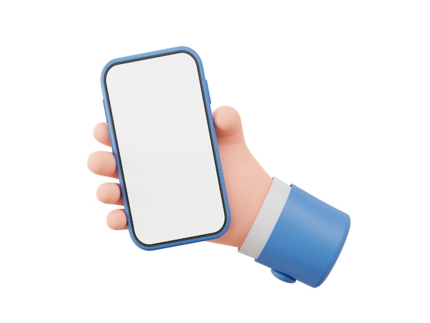 Foto 3d illustratie hand houdt een slimme telefoon met leeg scherm op witte achtergrond