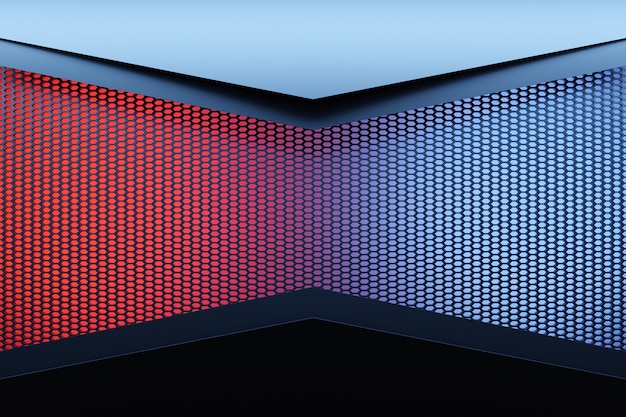 3D illustratie hoek van een rechthoekige kamer gemaakt van oranje honingraat. zwarte, blauwe en rode kamer.