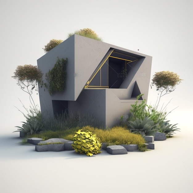 3D illustratie huis met planten en tuin, gras