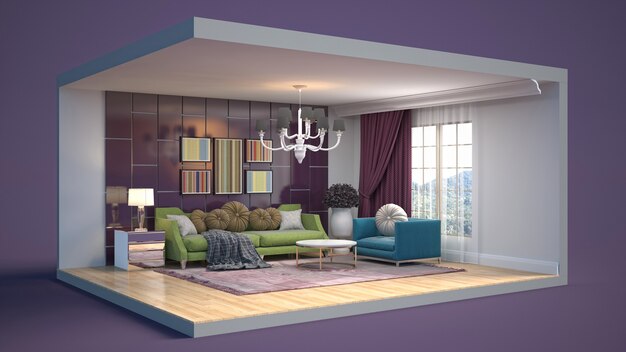 3D illustratie interieur van de woonkamer in een doos