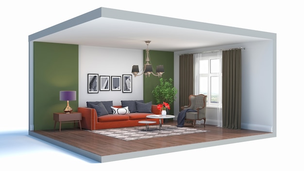 3D illustratie interieur van de woonkamer in een doos