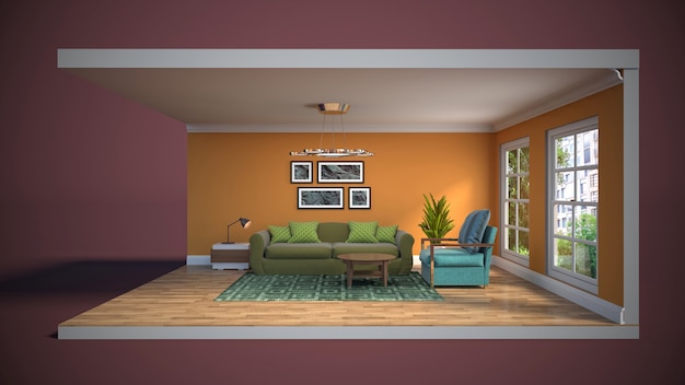 3D illustratie interieur van de woonkamer in een doos