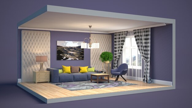 3D illustratie interieur van de woonkamer in een doos