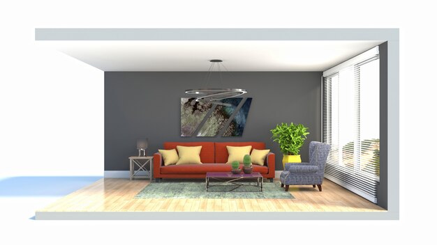 3D illustratie interieur van de woonkamer in een doos