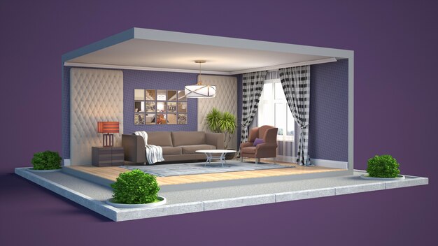 3D illustratie interieur van de woonkamer in een doos