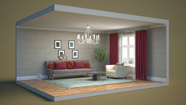 3D illustratie interieur van de woonkamer in een doos