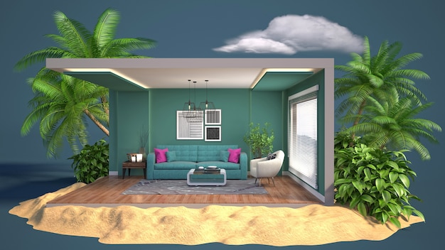 3d illustratie interieur van de woonkamer in een doos