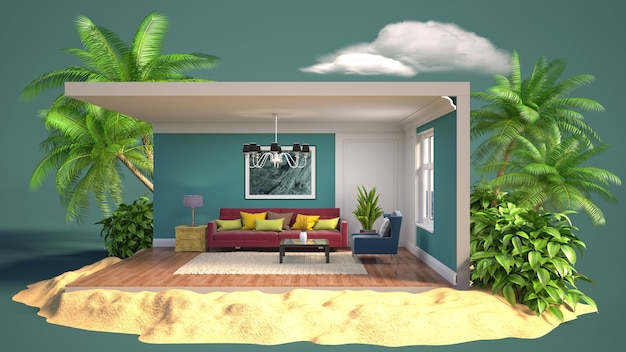 3D illustratie interieur van de woonkamer in een doos