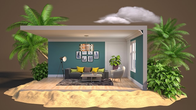 3D illustratie interieur van de woonkamer in een doos