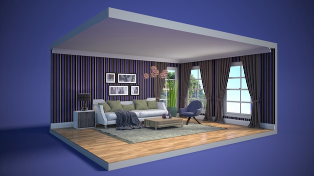 3D illustratie interieur van de woonkamer in een doos