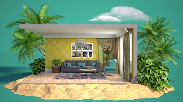 3D illustratie interieur van de woonkamer in een doos