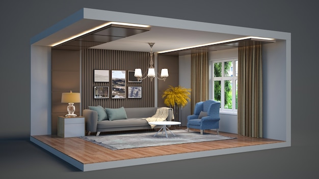 3D illustratie interieur van de woonkamer in een doos