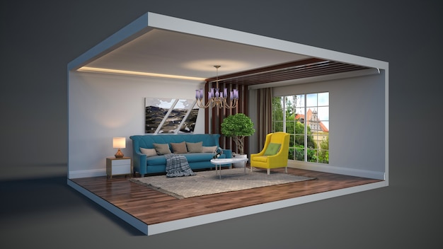 3D illustratie interieur van de woonkamer in een doos