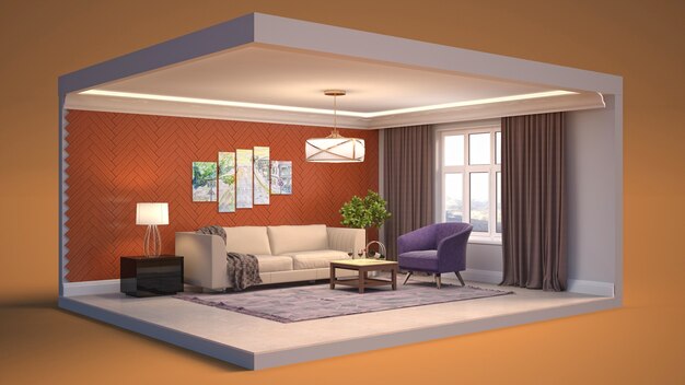 3D illustratie interieur van de woonkamer in een doos