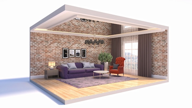 3D illustratie interieur van de woonkamer in een doos