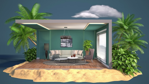 3D illustratie interieur van de woonkamer in een doos