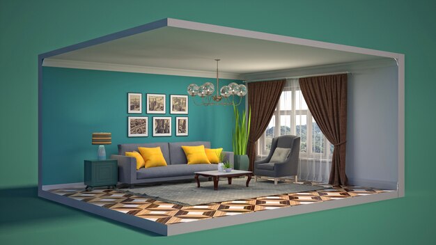 3D illustratie interieur van de woonkamer in een doos