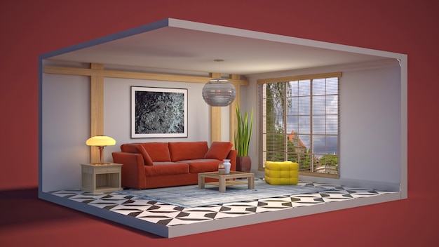 3D illustratie interieur van de woonkamer in een doos