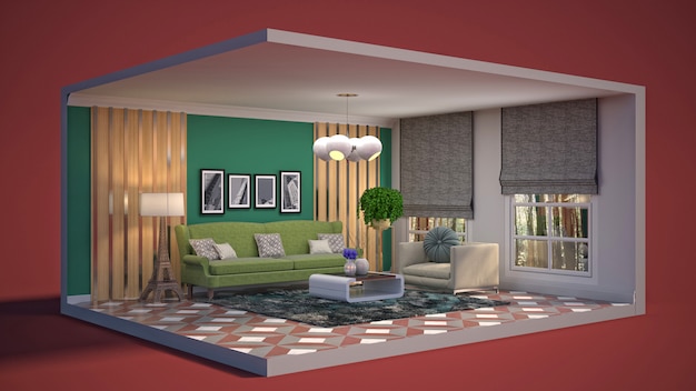 3D illustratie interieur van de woonkamer in een doos