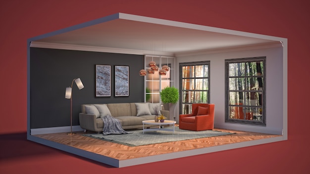 3D illustratie interieur van de woonkamer in een doos