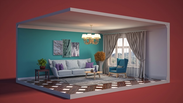 3D illustratie interieur van de woonkamer in een doos