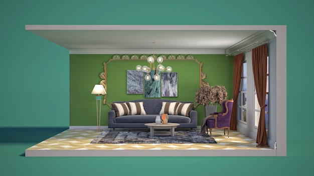 3D illustratie interieur van de woonkamer in een doos