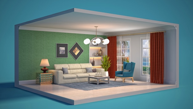 3D illustratie interieur van de woonkamer in een doos