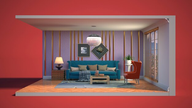 3D illustratie interieur van de woonkamer in een doos