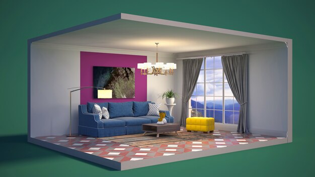 3D illustratie interieur van de woonkamer in een doos