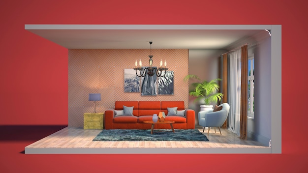 3D illustratie interieur van de woonkamer in een doos