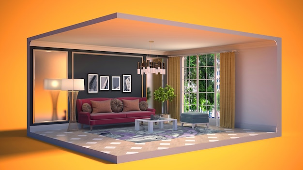 3D illustratie interieur van de woonkamer in een doos