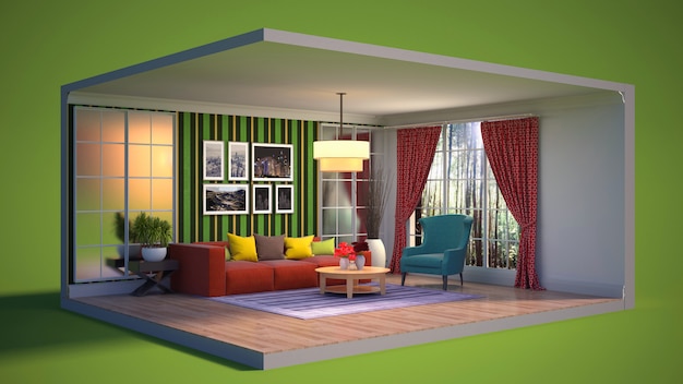 3D illustratie interieur van de woonkamer in een doos