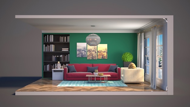 3D illustratie interieur van de woonkamer in een doos