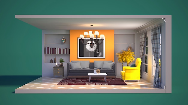 3D illustratie interieur van de woonkamer in een doos