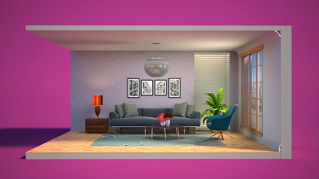 3D illustratie interieur van de woonkamer in een doos