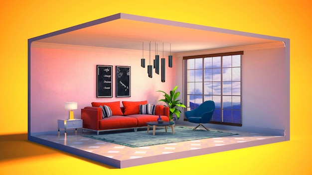 3D illustratie interieur van de woonkamer in een doos