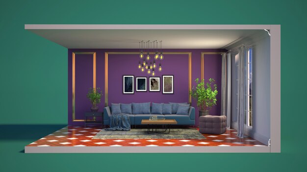 3D illustratie interieur van de woonkamer in een doos