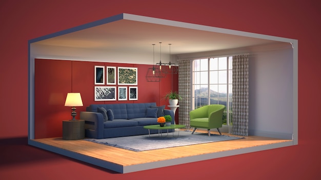 3D illustratie interieur van de woonkamer in een doos