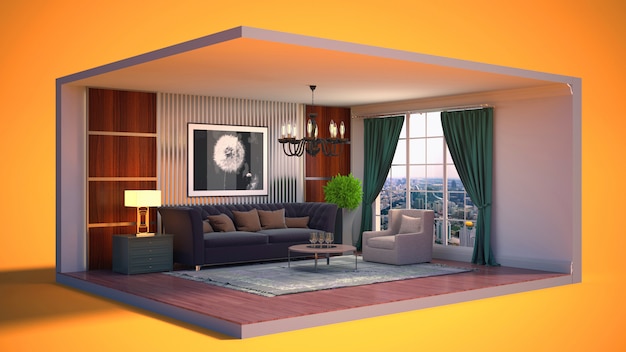 3D illustratie interieur van de woonkamer in een doos