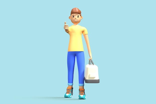 3d illustratie jonge backpacker man karakter gaat op reis met een witte tas 3d-rendering