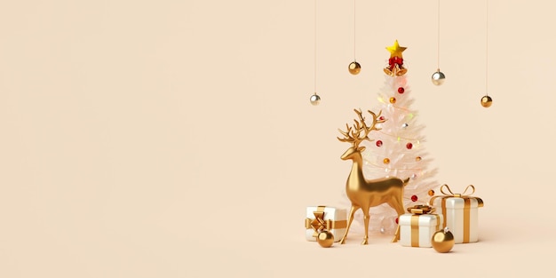 3d illustratie kerstbanner van rendier met kerstboom geschenkdoos en decoratie
