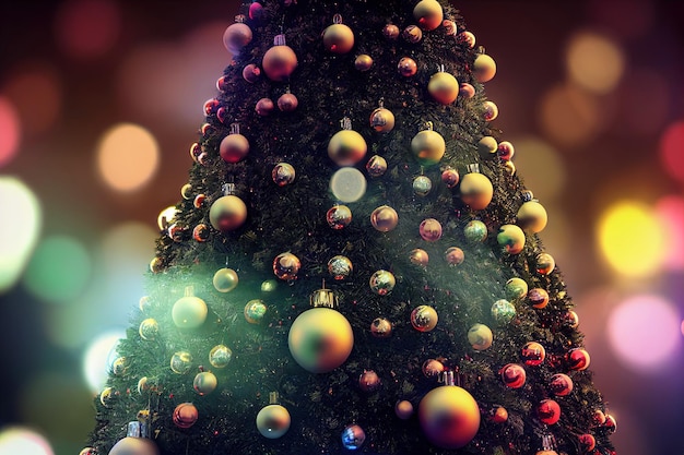 3D illustratie kerstboom met kerstballen en wazige glanzende lichten