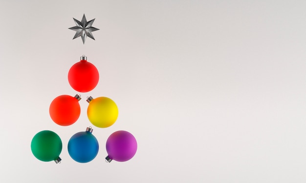 3D illustratie, Kerstkaart, de trotskleuren van de kerstboomballen, copyspace