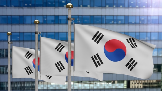 3d illustratie koreaanse vlag zwaaien in een moderne wolkenkrabber stad. mooie hoge toren met het spandoek van zuid-korea dat zachte zijde blaast. doek stof textuur vlag achtergrond. nationale dag land concept