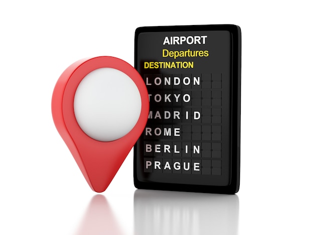 3d illustratie. luchthavenbord en rode kaartwijzer. reis concept. geïsoleerde witte achtergrond