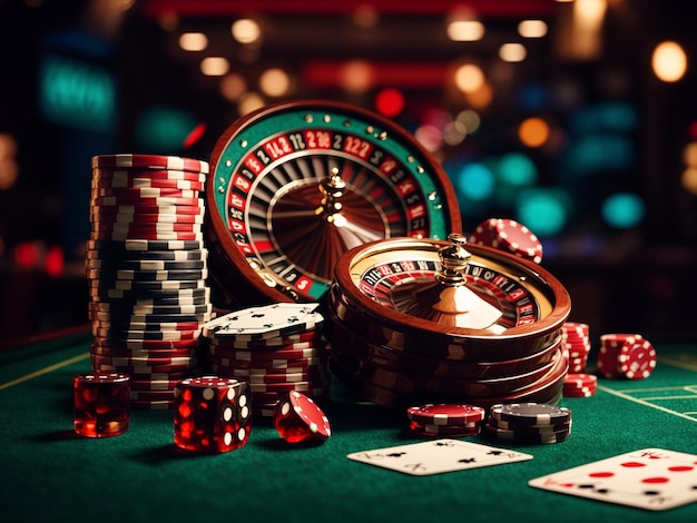 3D-illustratie met dynamische casino spel achtergrond en craps roulette en poker kaarten