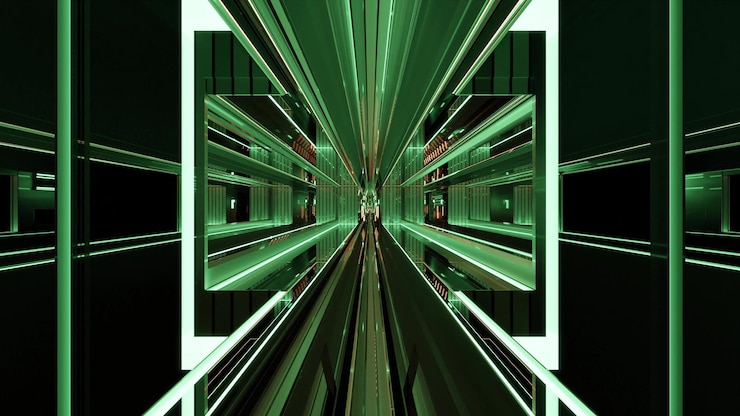 3d illustratie met stralen van groene neonverlichting die zich in gespiegelde sci-fi UHD-tunnel bewegen