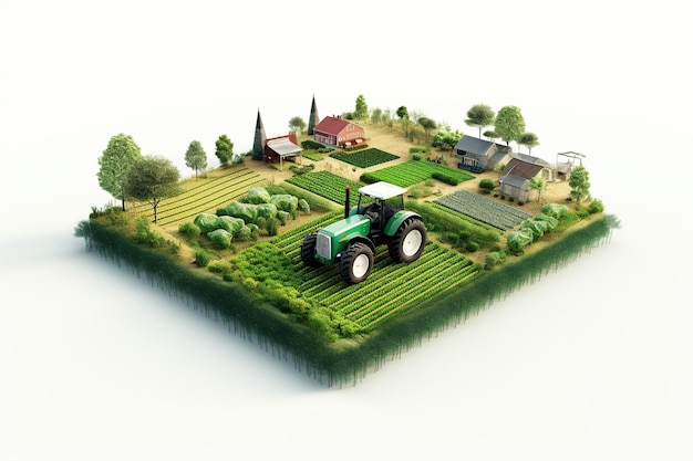 3d illustratie minilandschap van landbouwgebied dat met huis en tractoren wordt geïsoleerd
